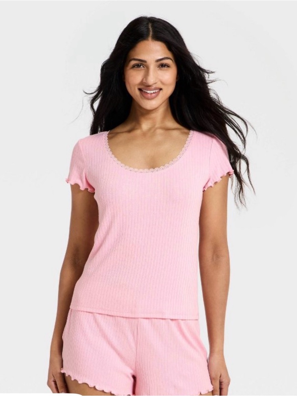 Auden Light Pink Ribbed Short Sleeve Pajama SetRuffle Hem - XXL